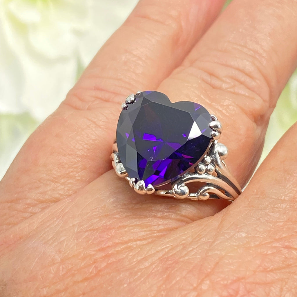 Purple Amethyst CZ Ring, Amethyst Ring, Purple Ring, Cubic Zirconia Amethyst, Sterling Silver Filigree, Heart Ring, Silver embrace jewelry, HeartLeaf, D213