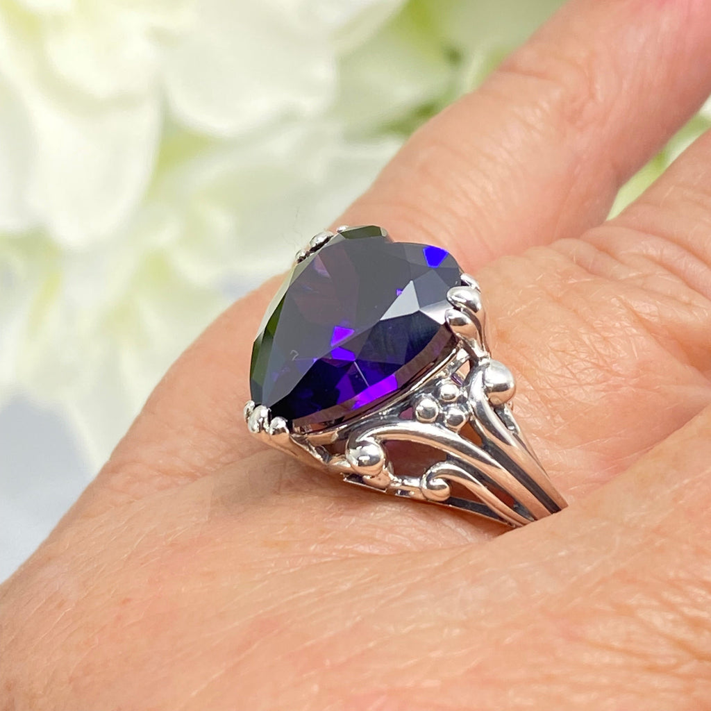 Purple Amethyst CZ Ring, Amethyst Ring, Purple Ring, Cubic Zirconia Amethyst, Sterling Silver Filigree, Heart Ring, Silver embrace jewelry, HeartLeaf, D213