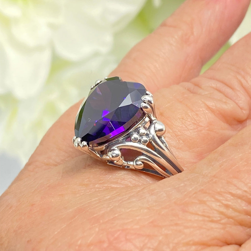 Purple Amethyst CZ Ring, Amethyst Ring, Purple Ring, Cubic Zirconia Amethyst, Sterling Silver Filigree, Heart Ring, Silver embrace jewelry, HeartLeaf, D213