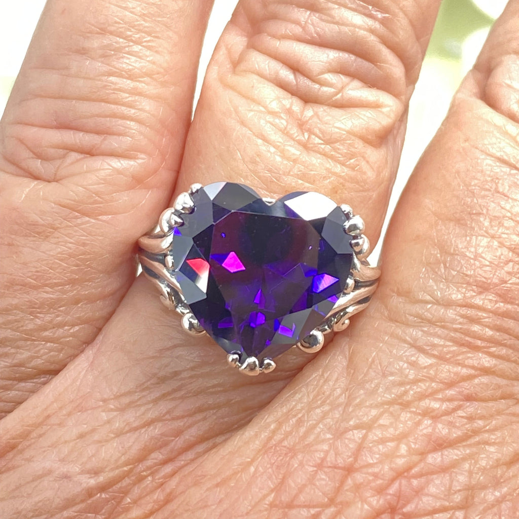 Purple Amethyst CZ Ring, Amethyst Ring, Purple Ring, Cubic Zirconia Amethyst, Sterling Silver Filigree, Heart Ring, Silver embrace jewelry, HeartLeaf, D213