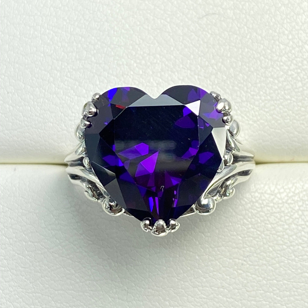 Purple Amethyst CZ Ring, Amethyst Ring, Purple Ring, Cubic Zirconia Amethyst, Sterling Silver Filigree, Heart Ring, Silver embrace jewelry, HeartLeaf, D213