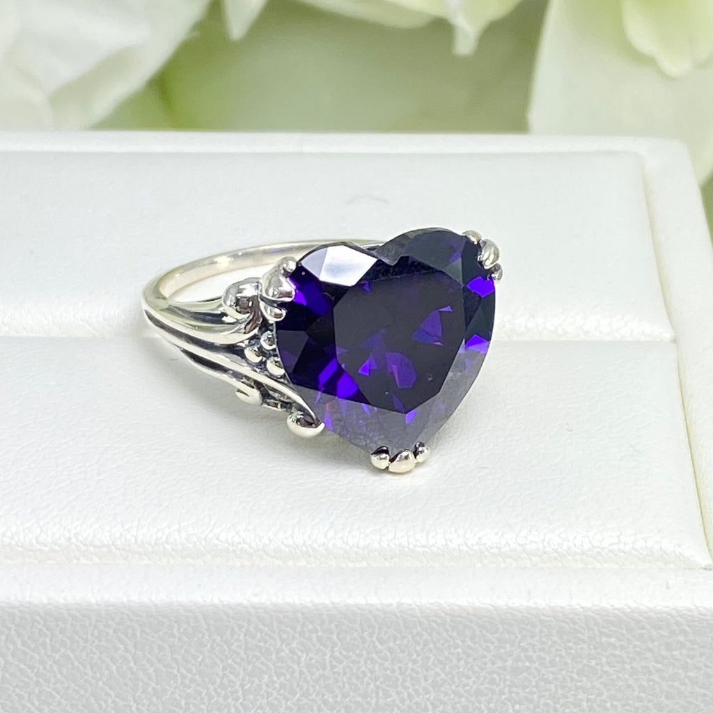 Purple Amethyst CZ Ring, Amethyst Ring, Purple Ring, Cubic Zirconia Amethyst, Sterling Silver Filigree, Heart Ring, Silver embrace jewelry, HeartLeaf, D213