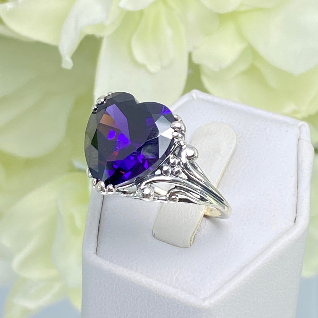 Purple Amethyst CZ Ring, Amethyst Ring, Purple Ring, Cubic Zirconia Amethyst, Sterling Silver Filigree, Heart Ring, Silver embrace jewelry, HeartLeaf, D213