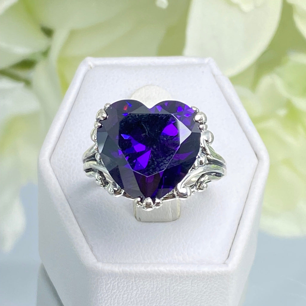 Purple Amethyst CZ Ring, Amethyst Ring, Purple Ring, Cubic Zirconia Amethyst, Sterling Silver Filigree, Heart Ring, Silver embrace jewelry, HeartLeaf, D213