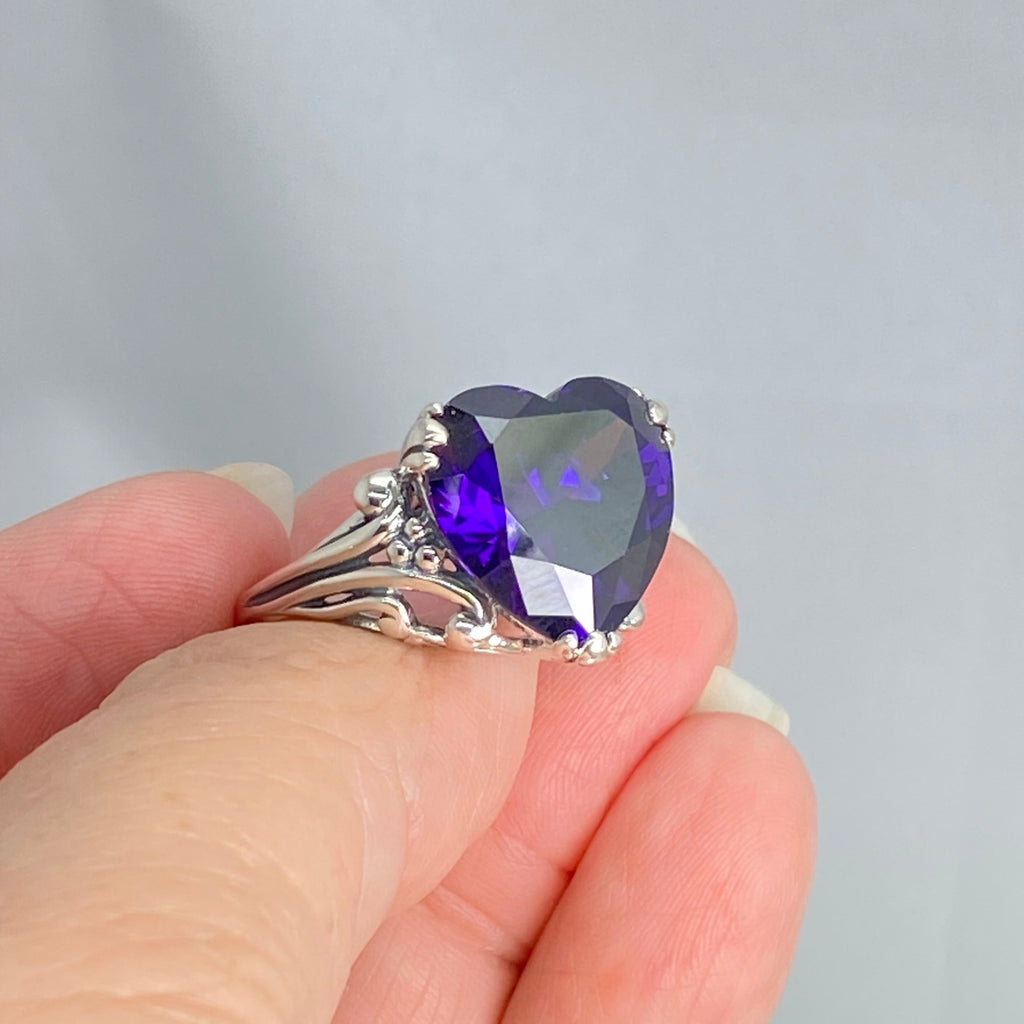 Purple Amethyst CZ Ring, Amethyst Ring, Purple Ring, Cubic Zirconia Amethyst, Sterling Silver Filigree, Heart Ring, Silver embrace jewelry, HeartLeaf, D213