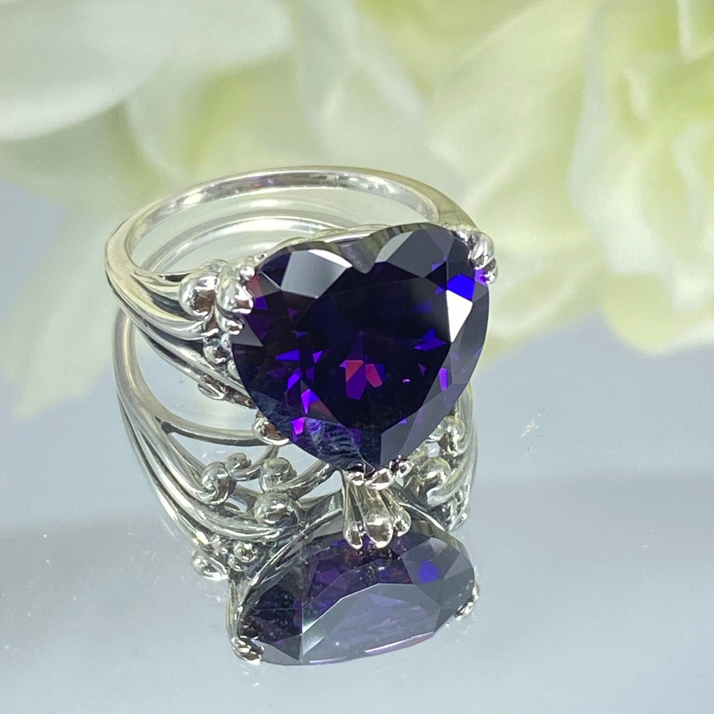 Purple Amethyst CZ Ring, Amethyst Ring, Purple Ring, Cubic Zirconia Amethyst, Sterling Silver Filigree, Heart Ring, Silver embrace jewelry, HeartLeaf, D213