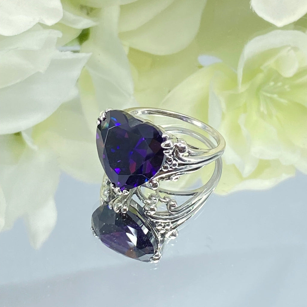 Purple Amethyst CZ Ring, Amethyst Ring, Purple Ring, Cubic Zirconia Amethyst, Sterling Silver Filigree, Heart Ring, Silver embrace jewelry, HeartLeaf, D213