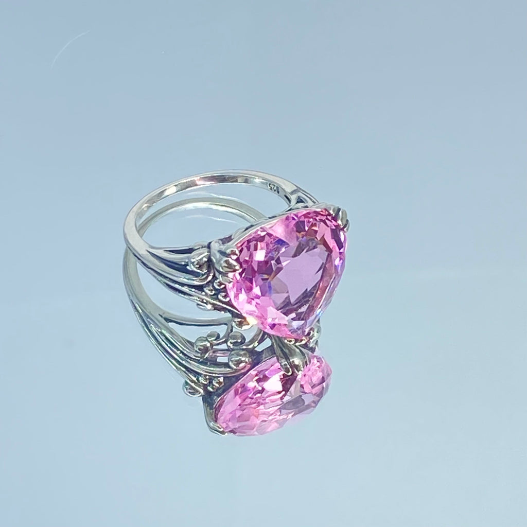 Pink Topaz ring with a heart shaped gem and gothic style sterling silver filigree, Silver Embrace jewelry, Heartleaf Ring, D213