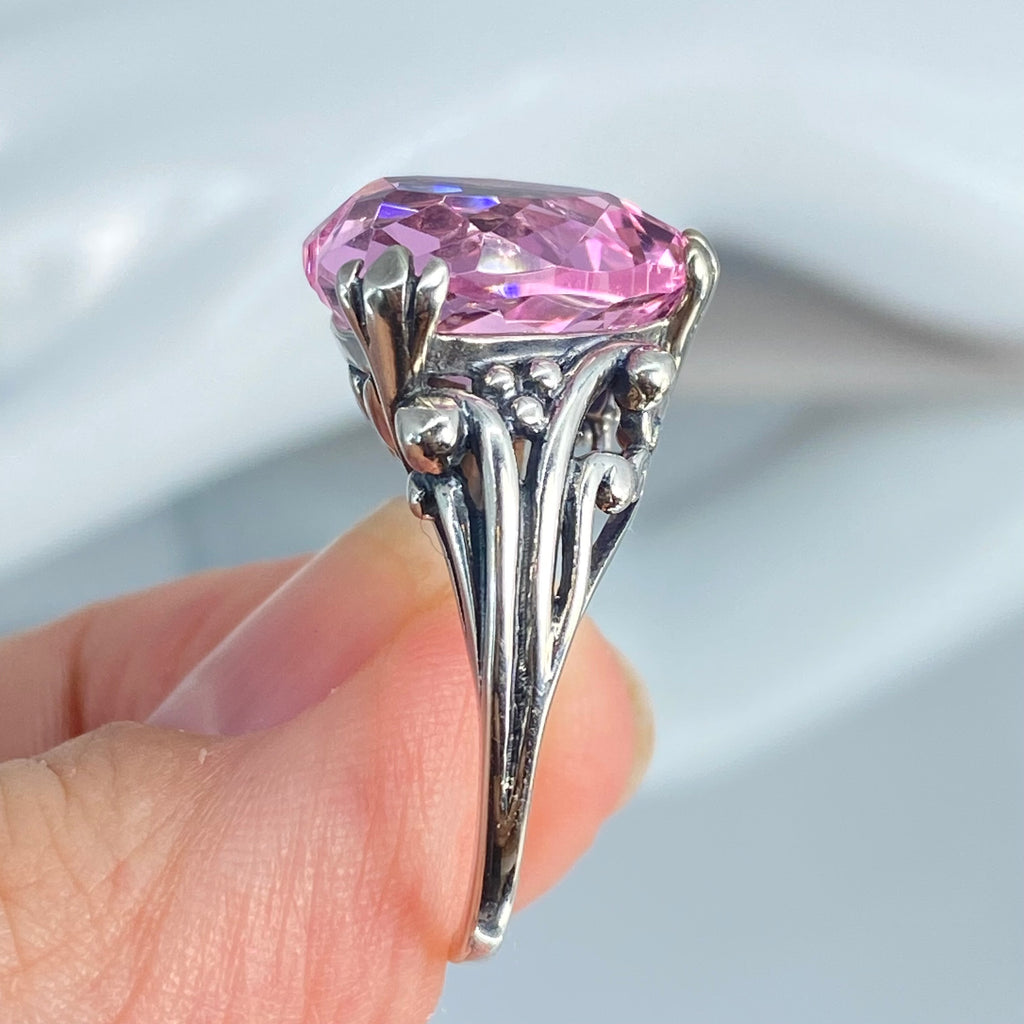 Pink Topaz ring with a heart shaped gem and gothic style sterling silver filigree, Silver Embrace jewelry, Heartleaf Ring, D213