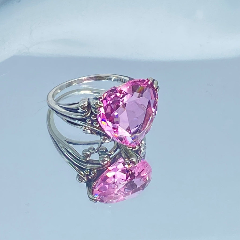 Pink Topaz ring with a heart shaped gem and gothic style sterling silver filigree, Silver Embrace jewelry, Heartleaf Ring, D213
