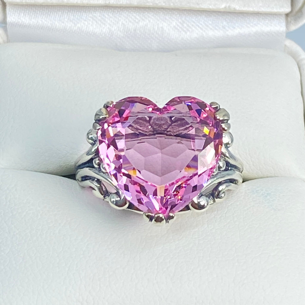 Pink Topaz ring with a heart shaped gem and gothic style sterling silver filigree, Silver Embrace jewelry, Heartleaf Ring, D213