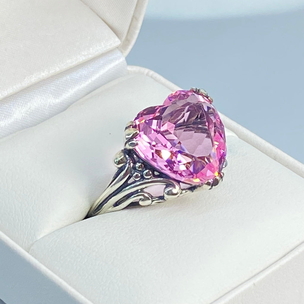 Pink Topaz ring with a heart shaped gem and gothic style sterling silver filigree, Silver Embrace jewelry, Heartleaf Ring, D213