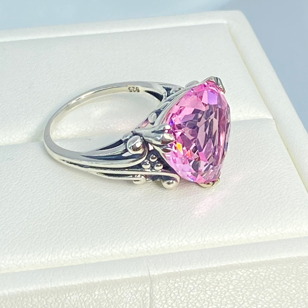 Pink Topaz ring with a heart shaped gem and gothic style sterling silver filigree, Silver Embrace jewelry, Heartleaf Ring, D213