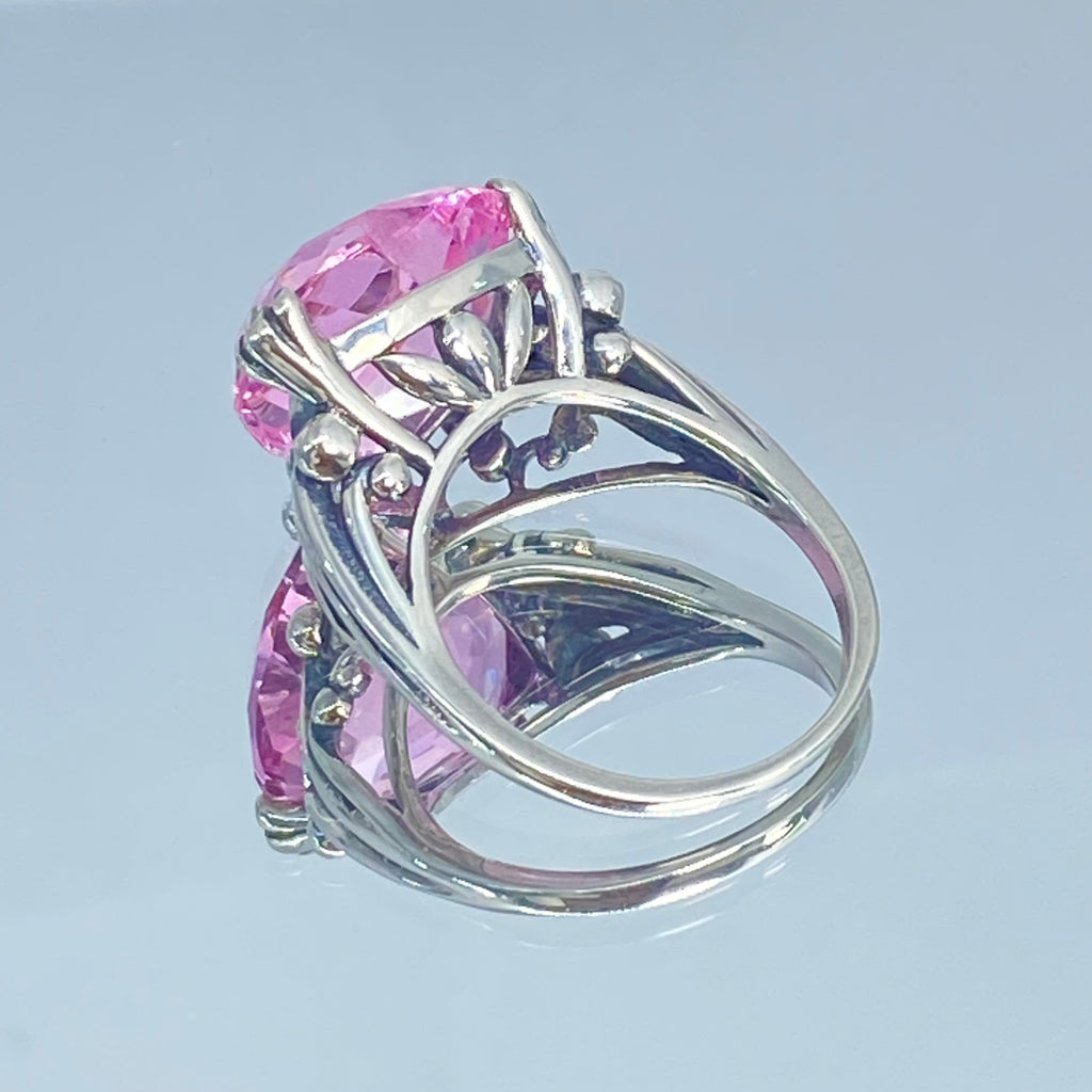 Pink Topaz ring with a heart shaped gem and gothic style sterling silver filigree, Silver Embrace jewelry, Heartleaf Ring, D213