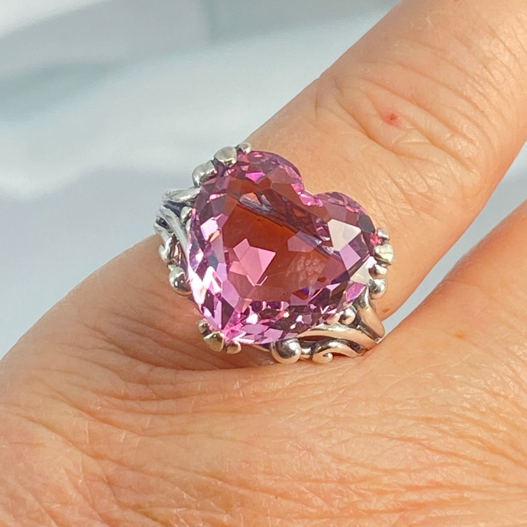 Pink Topaz ring with a heart shaped gem and gothic style sterling silver filigree, Silver Embrace jewelry, Heartleaf Ring, D213