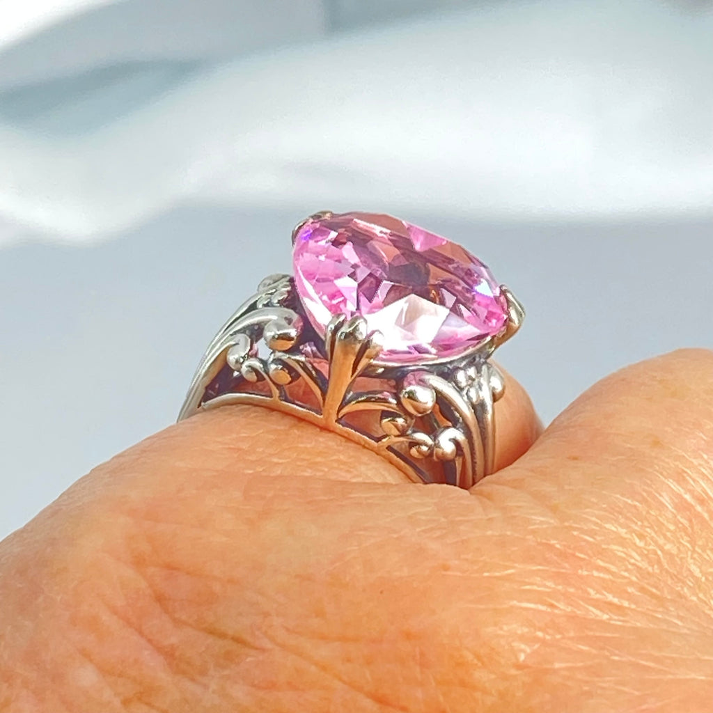 Pink Topaz ring with a heart shaped gem and gothic style sterling silver filigree, Silver Embrace jewelry, Heartleaf Ring, D213