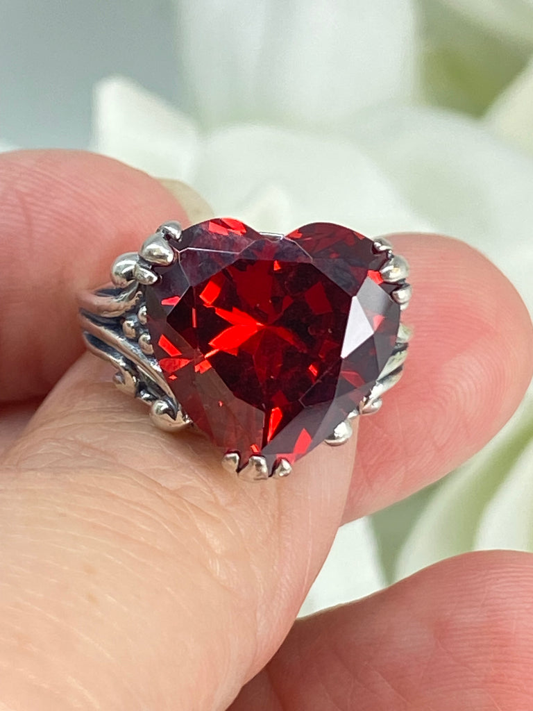 red garnet cubic zirconia ring with a heart shaped gem and gothic style sterling silver filigree, D213, Silver Embrace Jewelry, Heartleaf