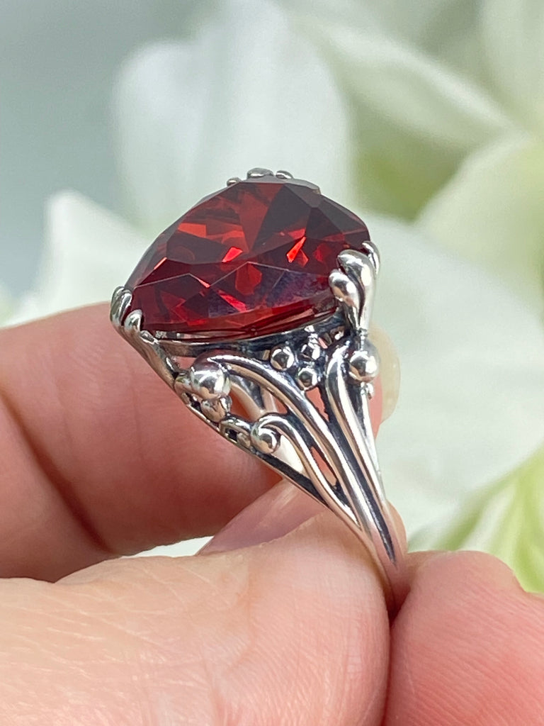 red garnet cubic zirconia ring with a heart shaped gem and gothic style sterling silver filigree, D213, Silver Embrace Jewelry, Heartleaf