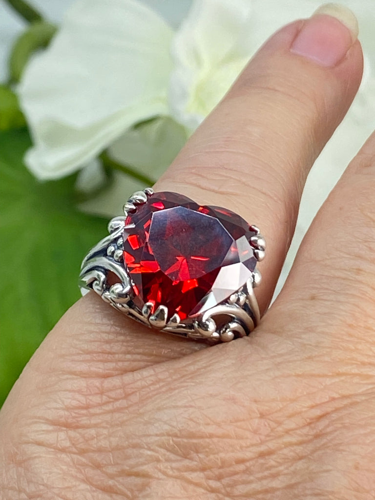 red garnet cubic zirconia ring with a heart shaped gem and gothic style sterling silver filigree, D213, Silver Embrace Jewelry, Heartleaf