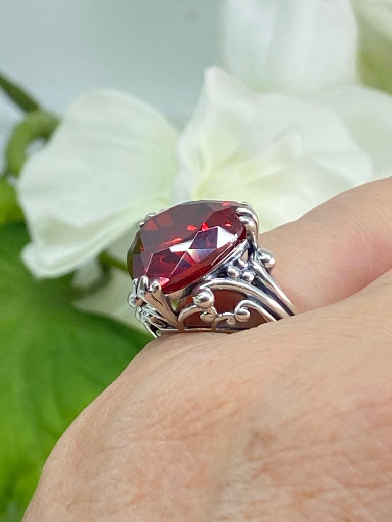 red garnet cubic zirconia ring with a heart shaped gem and gothic style sterling silver filigree, D213, Silver Embrace Jewelry, Heartleaf