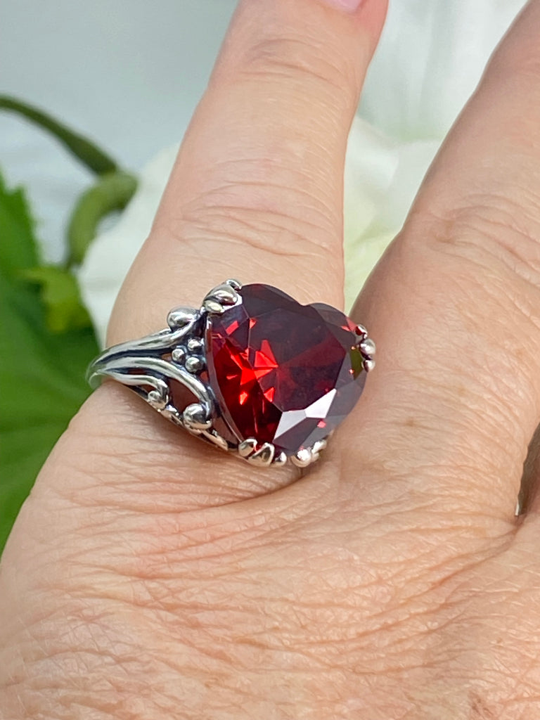 red garnet cubic zirconia ring with a heart shaped gem and gothic style sterling silver filigree, D213, Silver Embrace Jewelry, Heartleaf