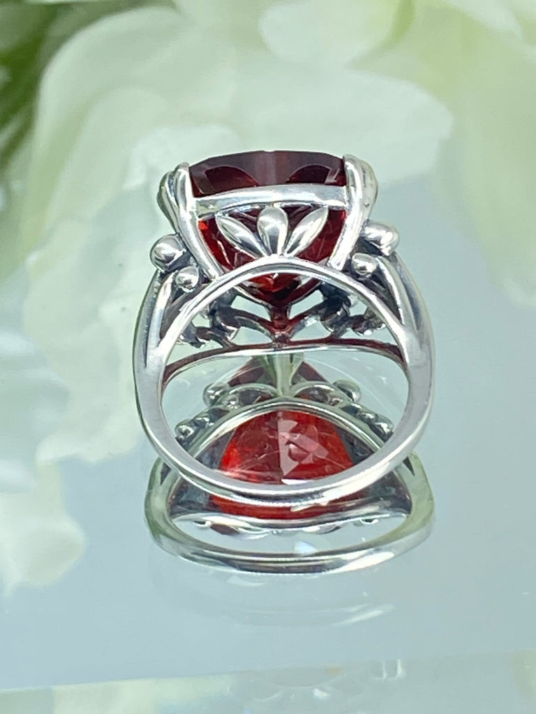 red garnet cubic zirconia ring with a heart shaped gem and gothic style sterling silver filigree, D213, Silver Embrace Jewelry, Heartleaf