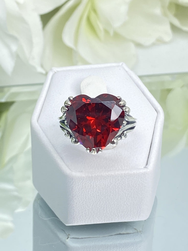 red garnet cubic zirconia ring with a heart shaped gem and gothic style sterling silver filigree, D213, Silver Embrace Jewelry, Heartleaf