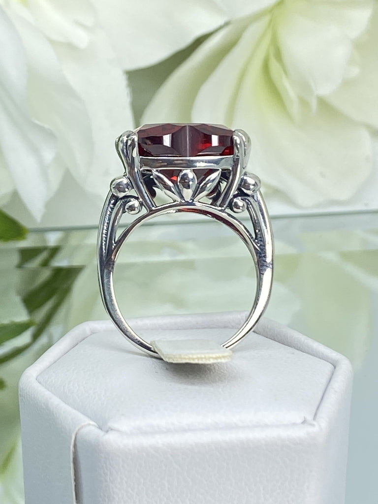 red garnet cubic zirconia ring with a heart shaped gem and gothic style sterling silver filigree, D213, Silver Embrace Jewelry, Heartleaf