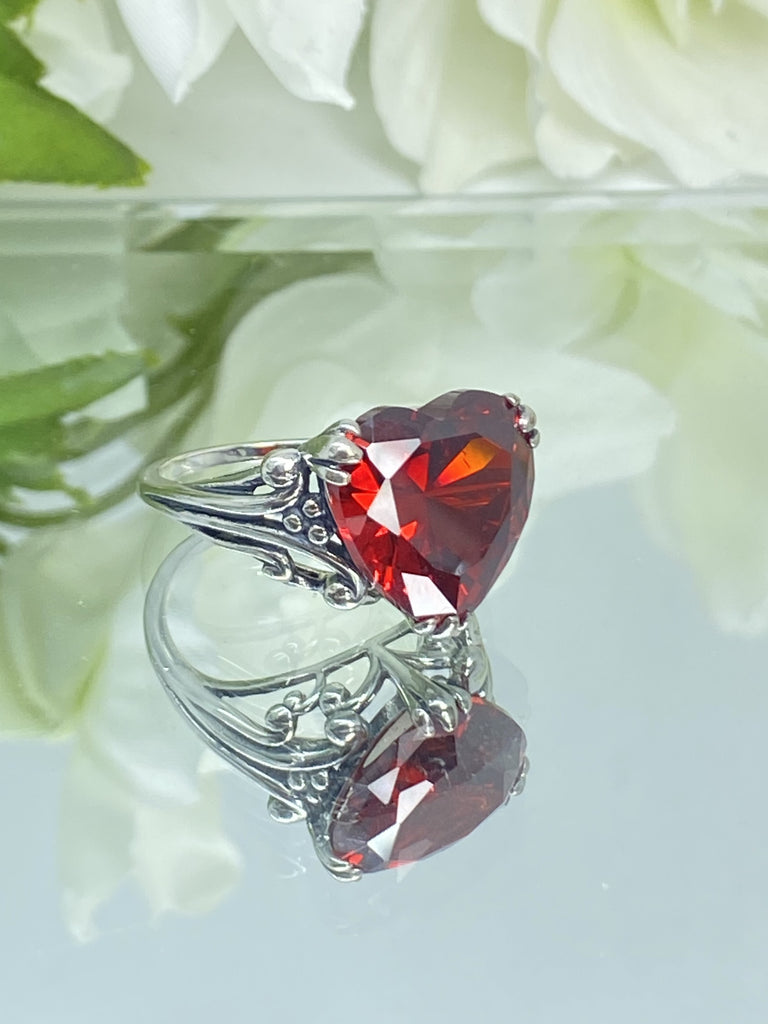 red garnet cubic zirconia ring with a heart shaped gem and gothic style sterling silver filigree, D213, Silver Embrace Jewelry, Heartleaf