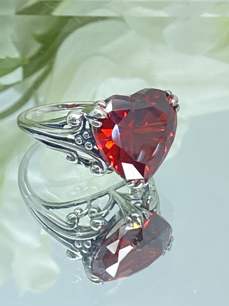 red garnet cubic zirconia ring with a heart shaped gem and gothic style sterling silver filigree, D213, Silver Embrace Jewelry, Heartleaf