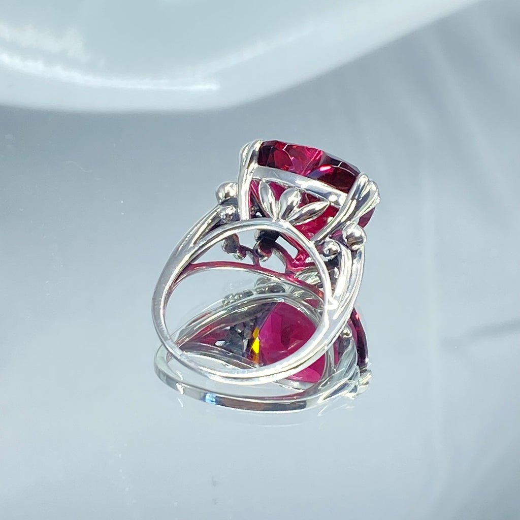 Silver ring with a large pink gemstone on a mirror, Ruby Ring, Heart Ring, Sterling Silver Filigree, silver Embrace Jewelry, D213