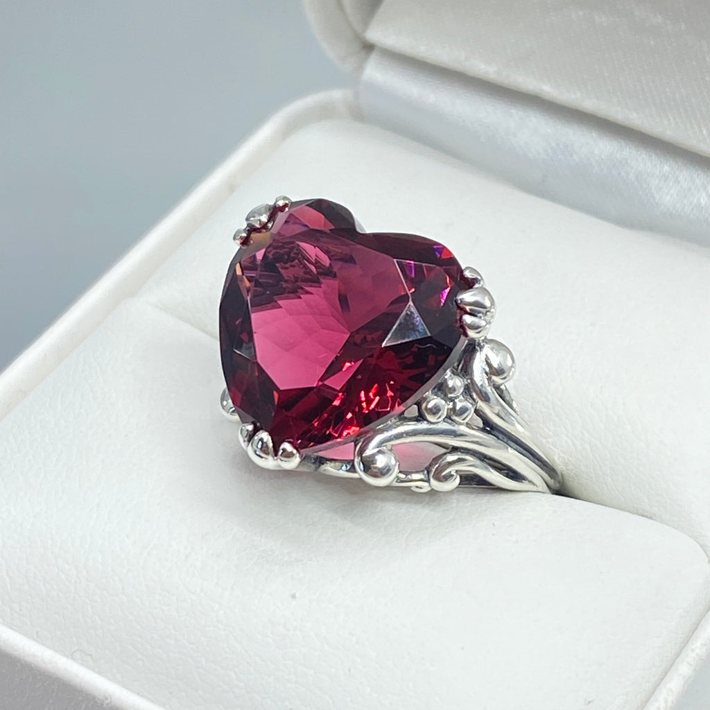Ring with a heart-shaped pink gemstone on a white cushion, Ruby Ring, Heart Ring, Sterling Silver Filigree, silver Embrace Jewelry, D213