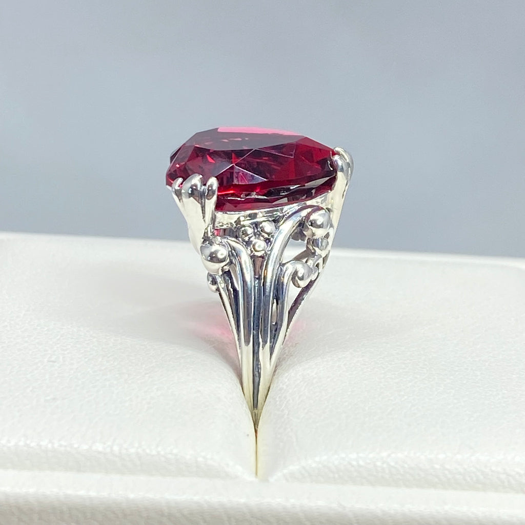 Silver ring with a red gemstone on a white cushion, Ruby Ring, Heart Ring, Sterling Silver Filigree, silver Embrace Jewelry, D213