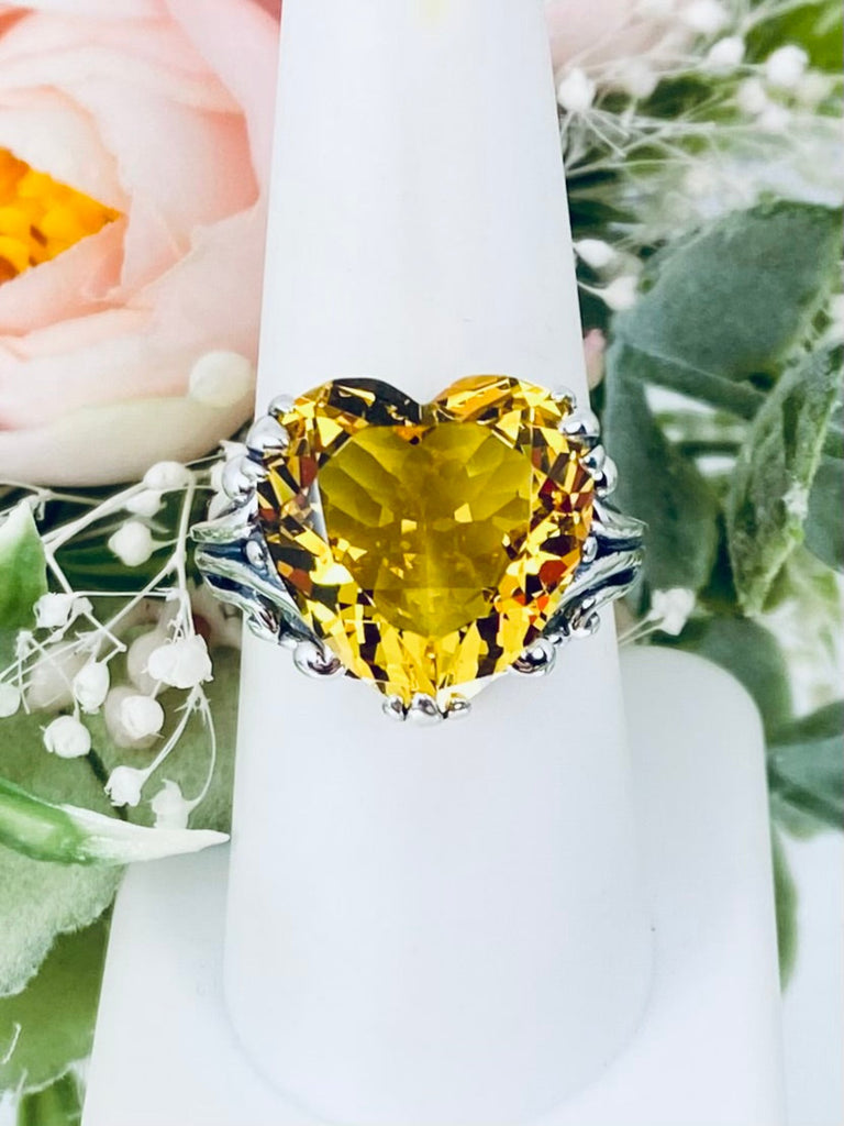 Yellow Citrine Heart Gem Ring, Heartleaf Design, Sterling silver filigree jewelry, silver embrace jewelry, D213