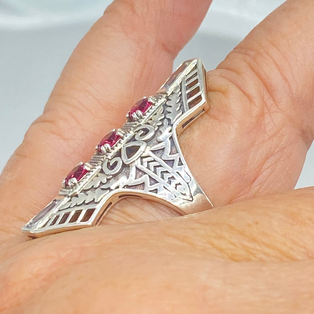 Ruby Red Art Deco Ring, with three round stones and two baguette stones, intricate 1930s sterling silver filigree adorns the ring and the band, Long Deco D214, Silver Embrace Jewelry