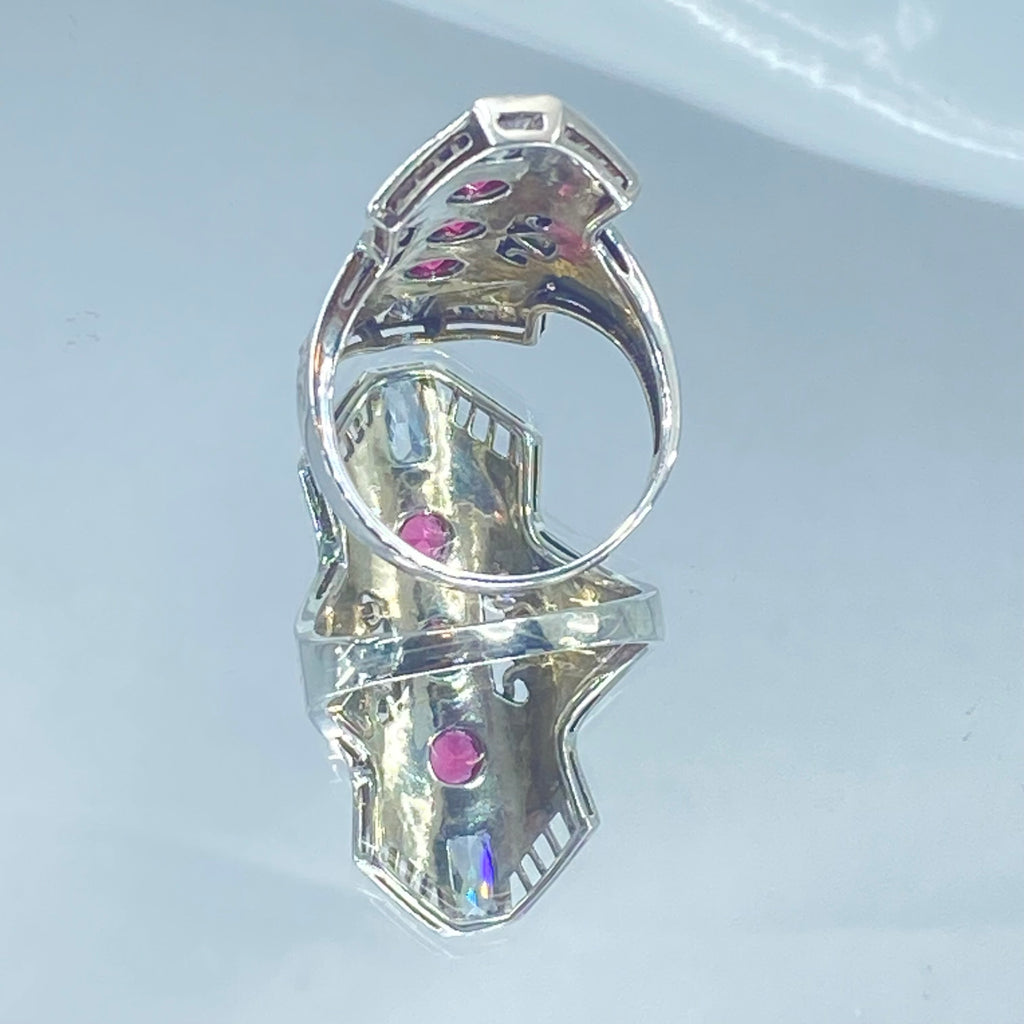 Ruby Red Art Deco Ring, with three round stones and two baguette stones, intricate 1930s sterling silver filigree adorns the ring and the band, Long Deco D214, Silver Embrace Jewelry