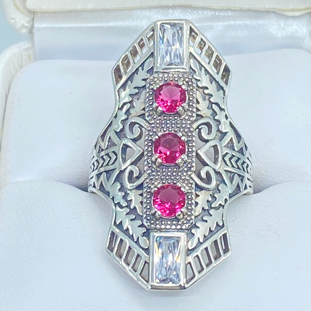 Ruby Red Art Deco Ring, with three round stones and two baguette stones, intricate 1930s sterling silver filigree adorns the ring and the band, Long Deco D214, Silver Embrace Jewelry