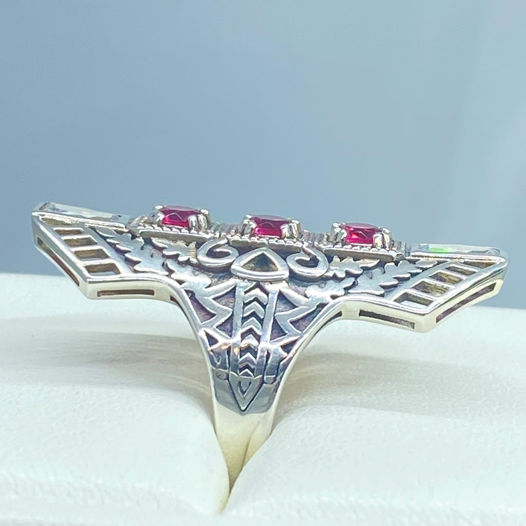 Ruby Red Art Deco Ring, with three round stones and two baguette stones, intricate 1930s sterling silver filigree adorns the ring and the band, Long Deco D214, Silver Embrace Jewelry