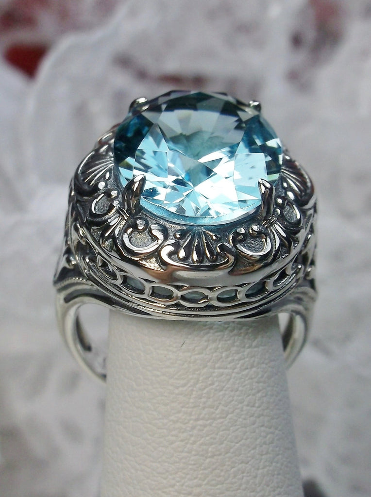 Sky Blue Aquamarine Ring, Oval Gemstone, Lion Art Deco Sterling Silver Filigree, Art Deco Jewelry, Silver Embrace Jewelry, D217
