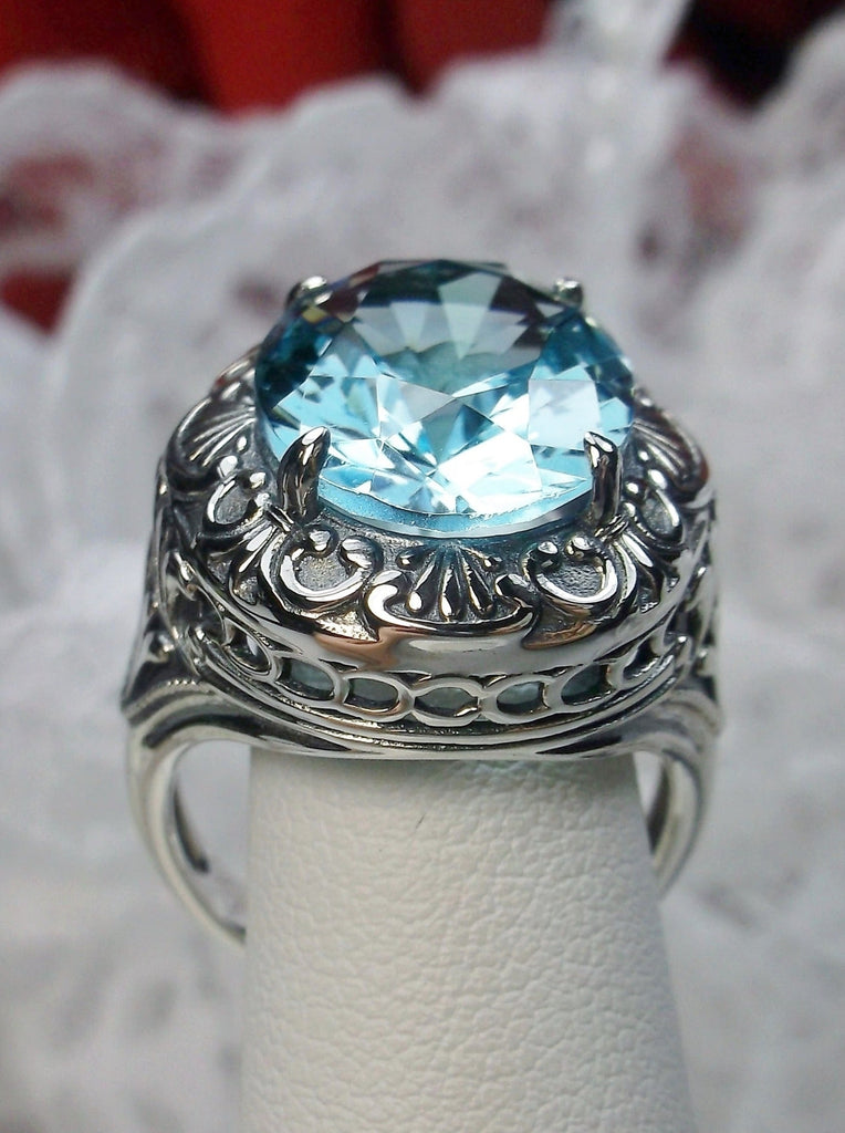 Sky Blue Aquamarine Ring, Oval Gemstone, Lion Art Deco Sterling Silver Filigree, Art Deco Jewelry, Silver Embrace Jewelry, D217