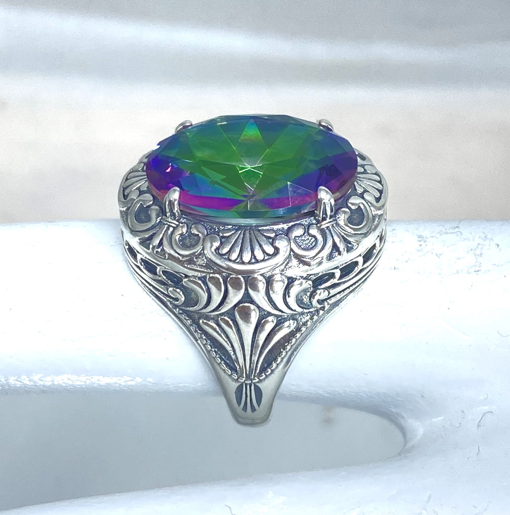 Mystic Topaz Ring, Oval Gemstone, Lion Art Deco Sterling Silver Filigree, Art Deco Jewelry, Silver Embrace Jewelry, D217