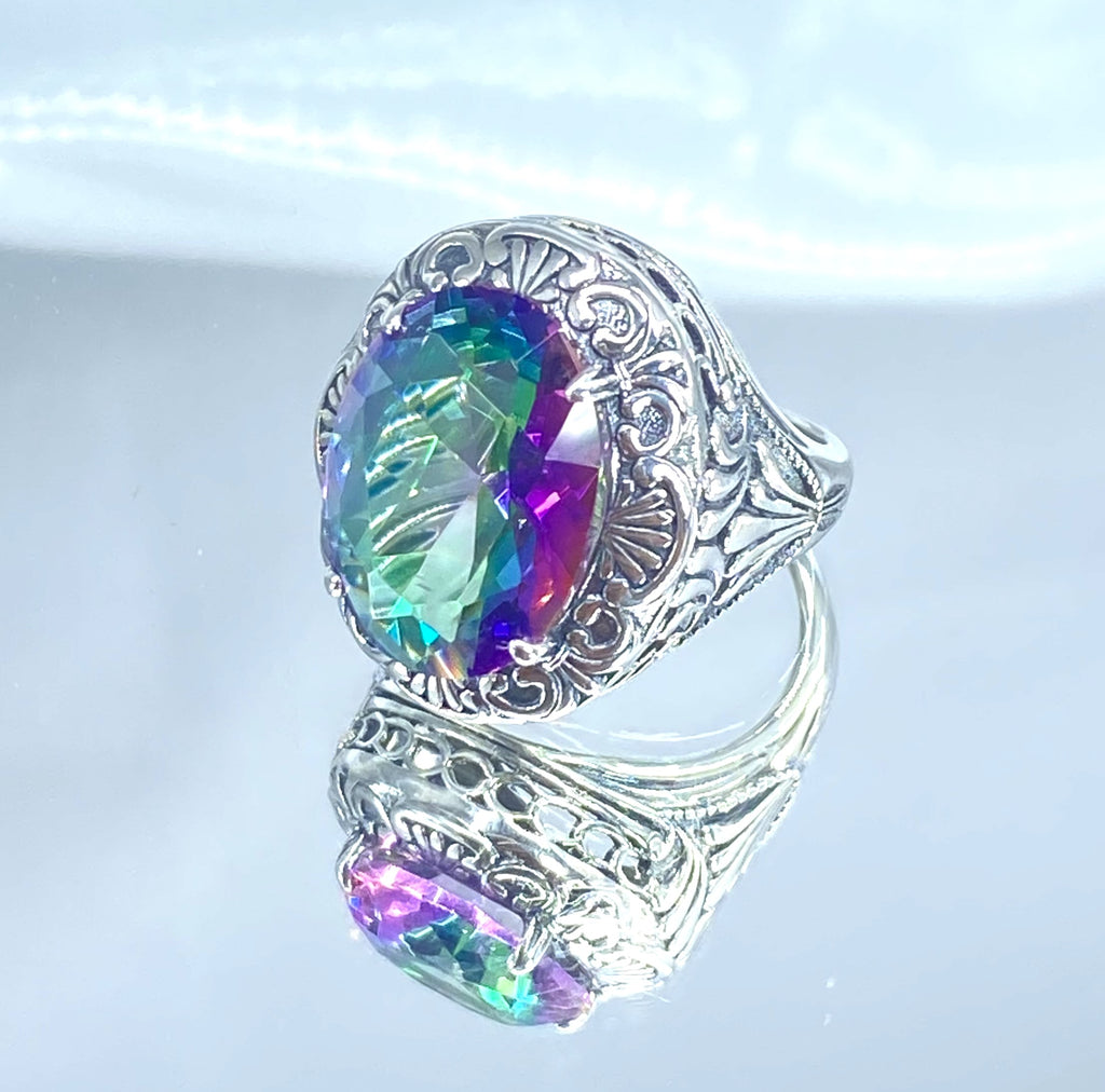 Mystic Topaz Ring, Oval Gemstone, Lion Art Deco Sterling Silver Filigree, Art Deco Jewelry, Silver Embrace Jewelry, D217