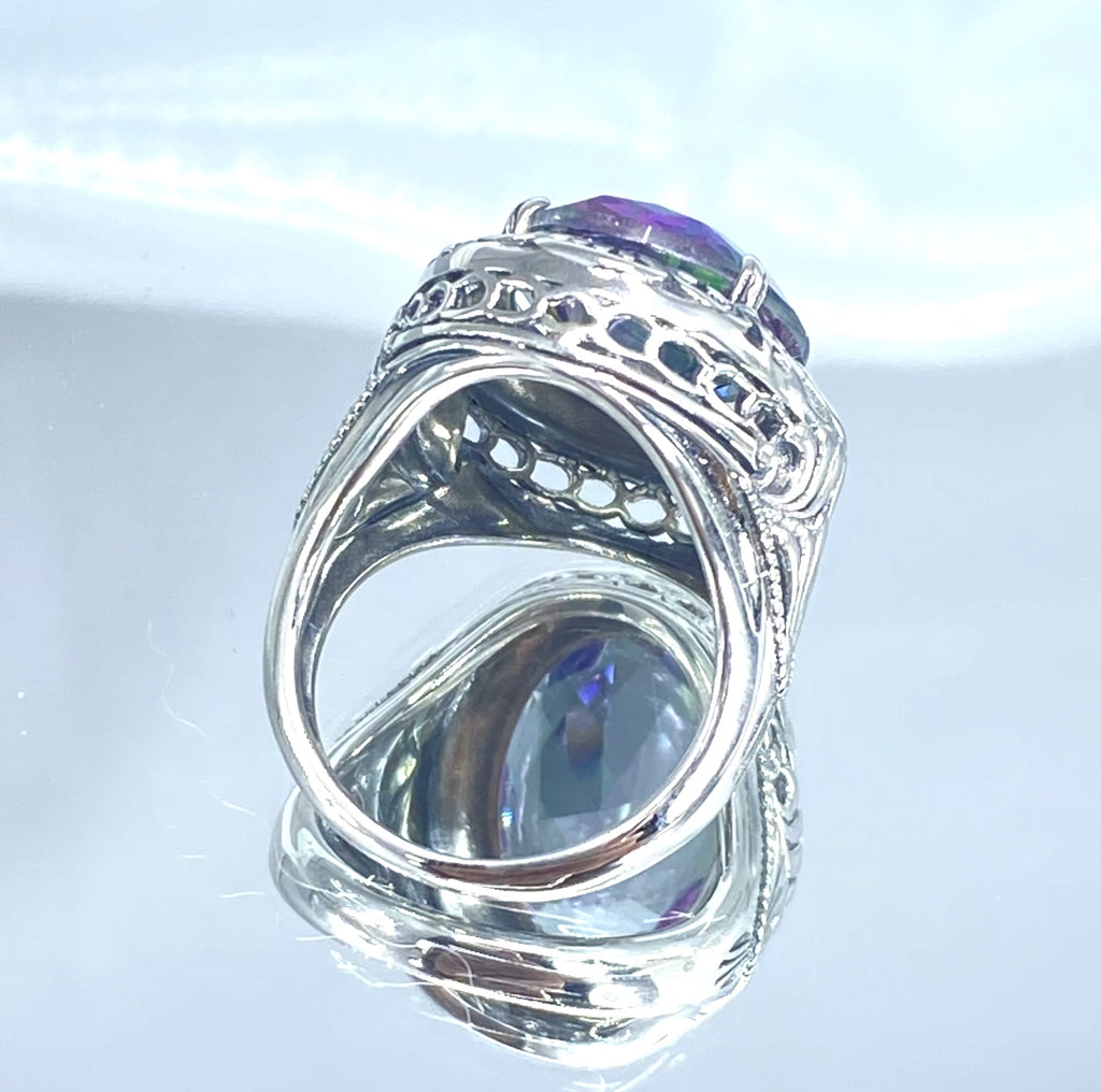 Mystic Topaz Ring, Oval Gemstone, Lion Art Deco Sterling Silver Filigree, Art Deco Jewelry, Silver Embrace Jewelry, D217