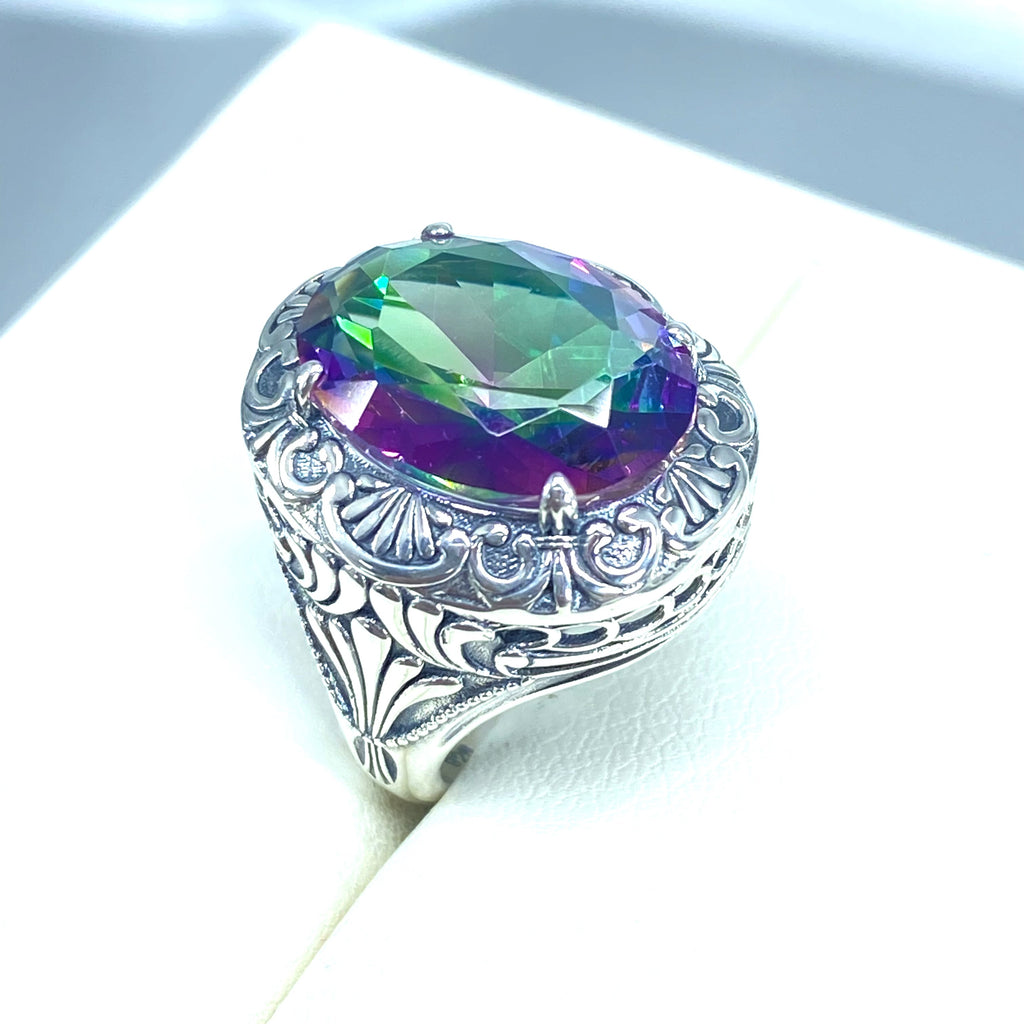 Mystic Topaz Ring, Oval Gemstone, Lion Art Deco Sterling Silver Filigree, Art Deco Jewelry, Silver Embrace Jewelry, D217