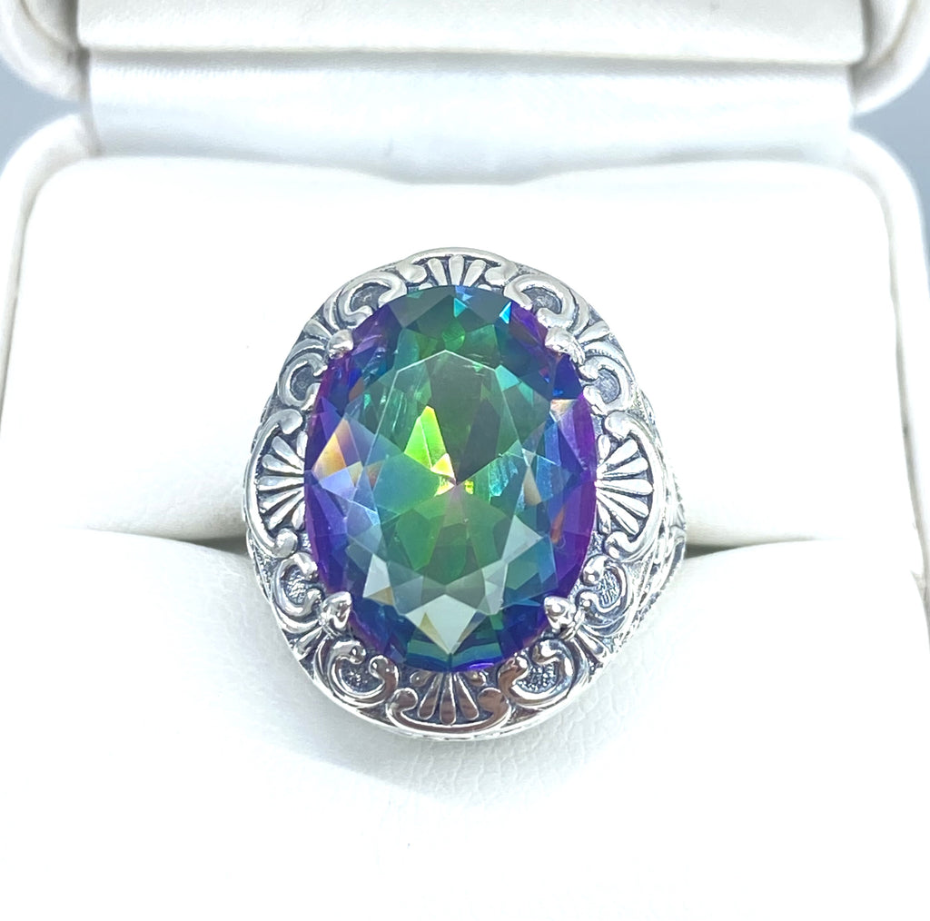 Mystic Topaz Ring, Oval Gemstone, Lion Art Deco Sterling Silver Filigree, Art Deco Jewelry, Silver Embrace Jewelry, D217