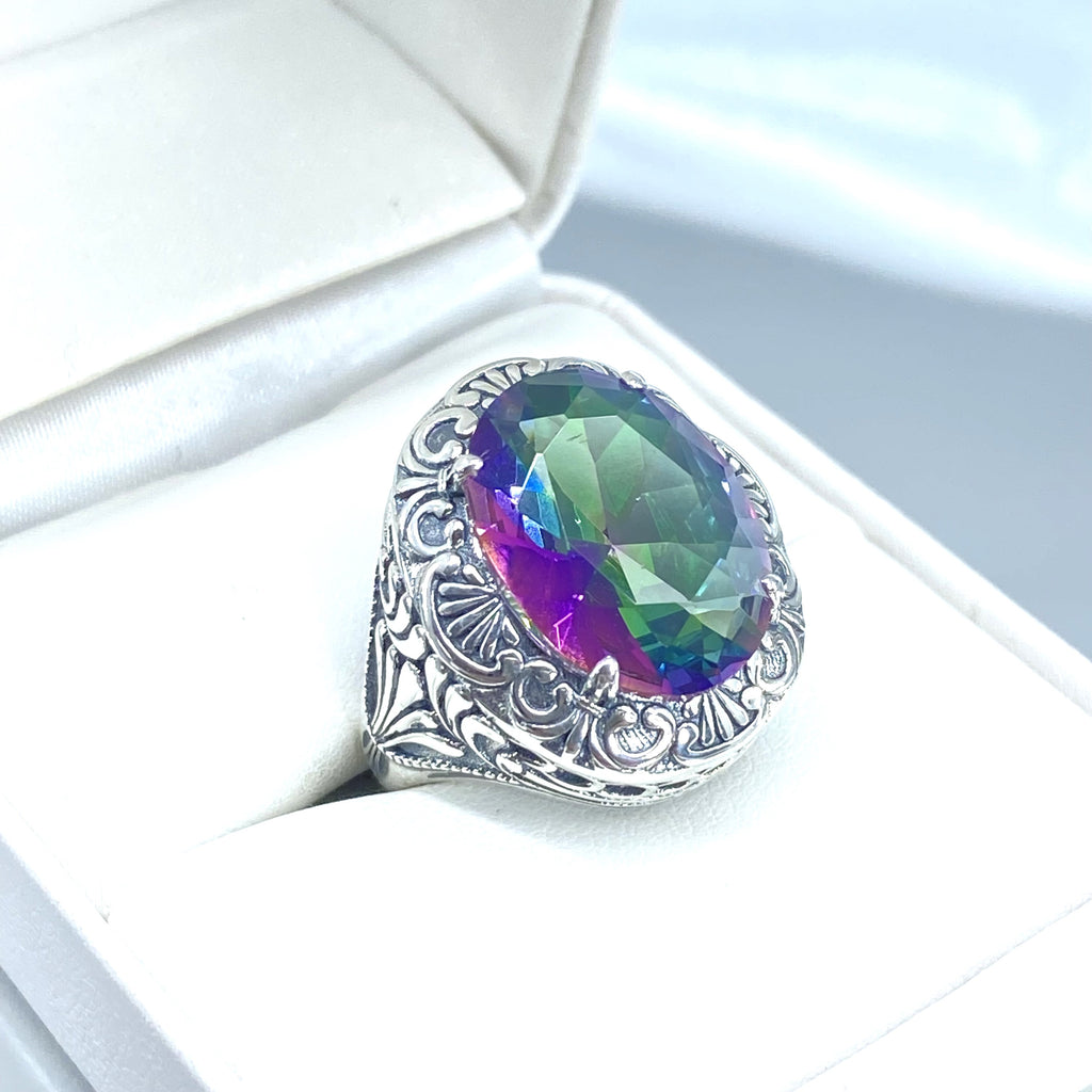 Mystic Topaz Ring, Oval Gemstone, Lion Art Deco Sterling Silver Filigree, Art Deco Jewelry, Silver Embrace Jewelry, D217