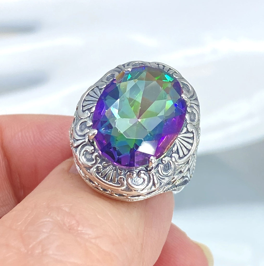 Mystic Topaz Ring, Oval Gemstone, Lion Art Deco Sterling Silver Filigree, Art Deco Jewelry, Silver Embrace Jewelry, D217