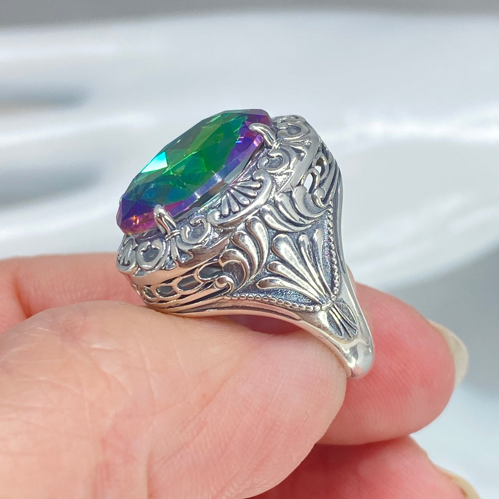 Mystic Topaz Ring, Oval Gemstone, Lion Art Deco Sterling Silver Filigree, Art Deco Jewelry, Silver Embrace Jewelry, D217