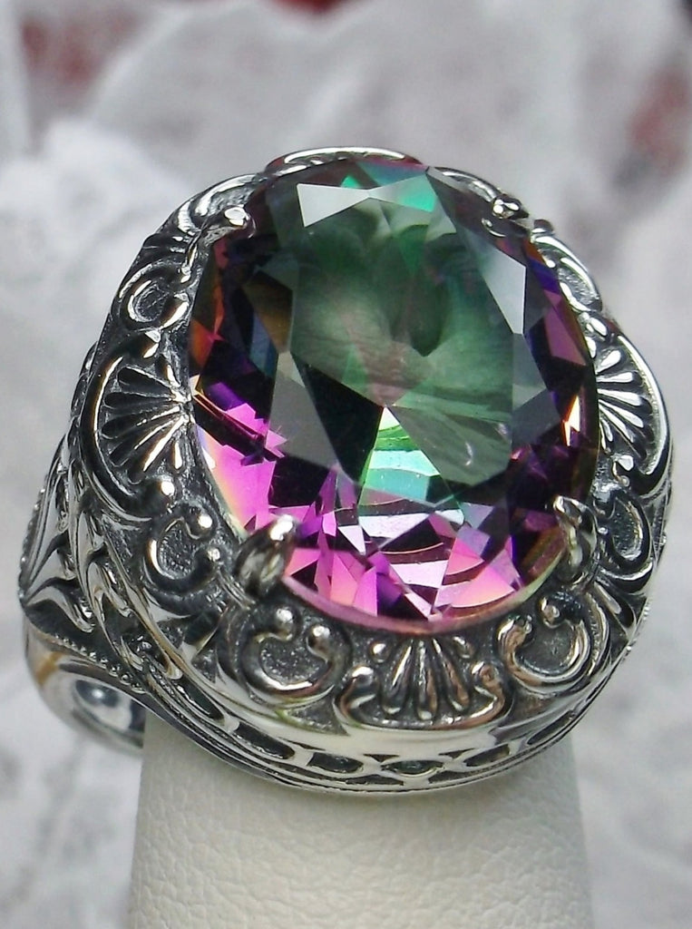 Mystic Topaz Ring, Oval Gemstone, Lion Art Deco Sterling Silver Filigree, Art Deco Jewelry, Silver Embrace Jewelry, D217