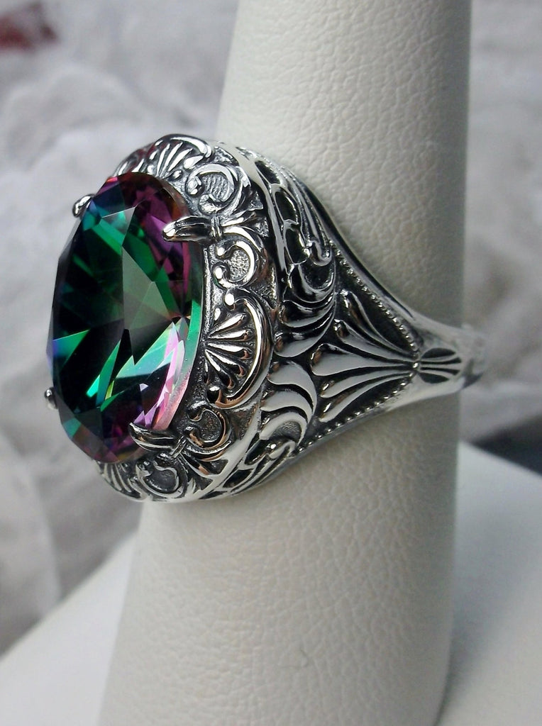 Mystic Topaz Ring, Oval Gemstone, Lion Art Deco Sterling Silver Filigree, Art Deco Jewelry, Silver Embrace Jewelry, D217